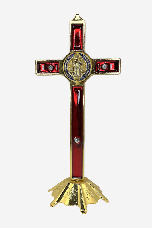Back view of standing gold and red crucifix for wall or table gold colored with colorful st benedict medal