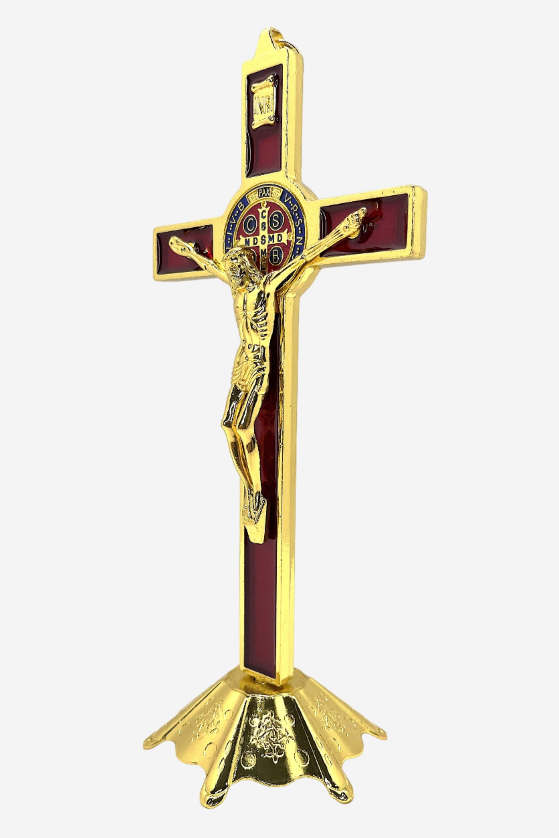 side view of standing gold and red crucifix for wall or table gold colored with colorful st benedict medal