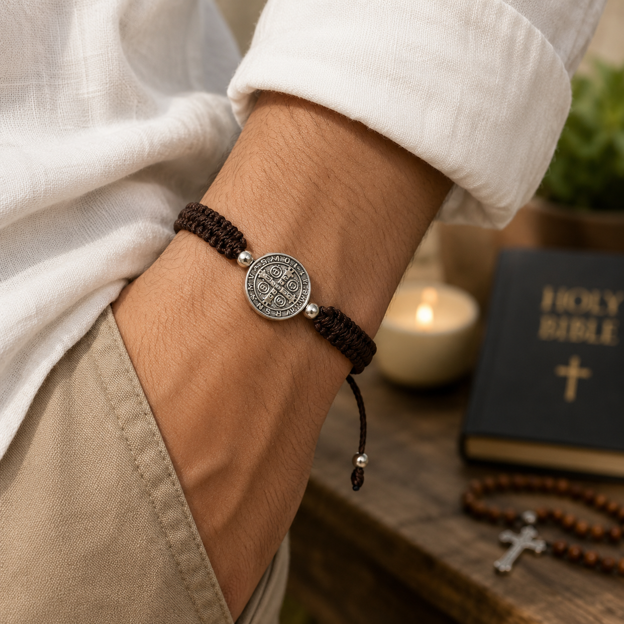Man wearing St Benedict brown nylon bracelet on wrist with candle Catholic daily wear accessory
