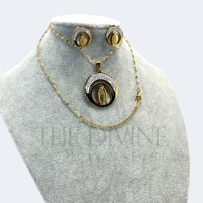 Our Lady of Guadalupe Moon Necklace and Earring Set in stainless steel, featuring a detailed pendant of the Virgin of Guadalupe against a crescent moon, with matching earrings, displayed on a neutral background.