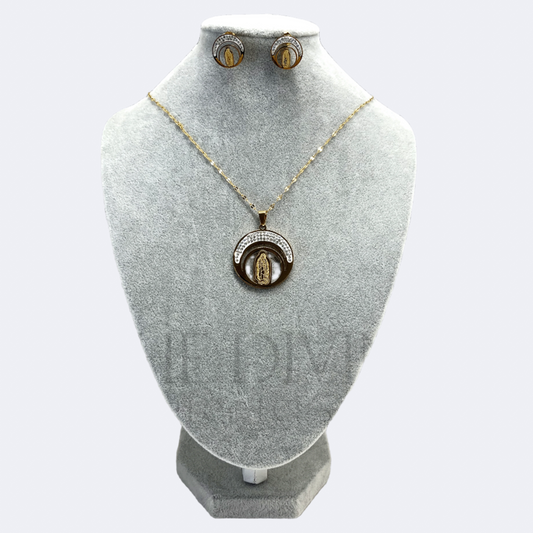 Our Lady of Guadalupe Moon Necklace and Earring Set in stainless steel, showcasing the intricate design of the Virgin of Guadalupe pendant set against a crescent moon, with matching earrings.