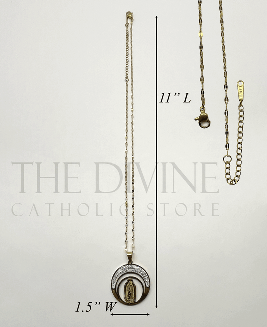 Our Lady of Guadalupe Moon Necklace and Earring Set in stainless steel, showcasing the detailed Virgin of Guadalupe pendant on a crescent moon, with matching earrings, displayed on a neutral background.