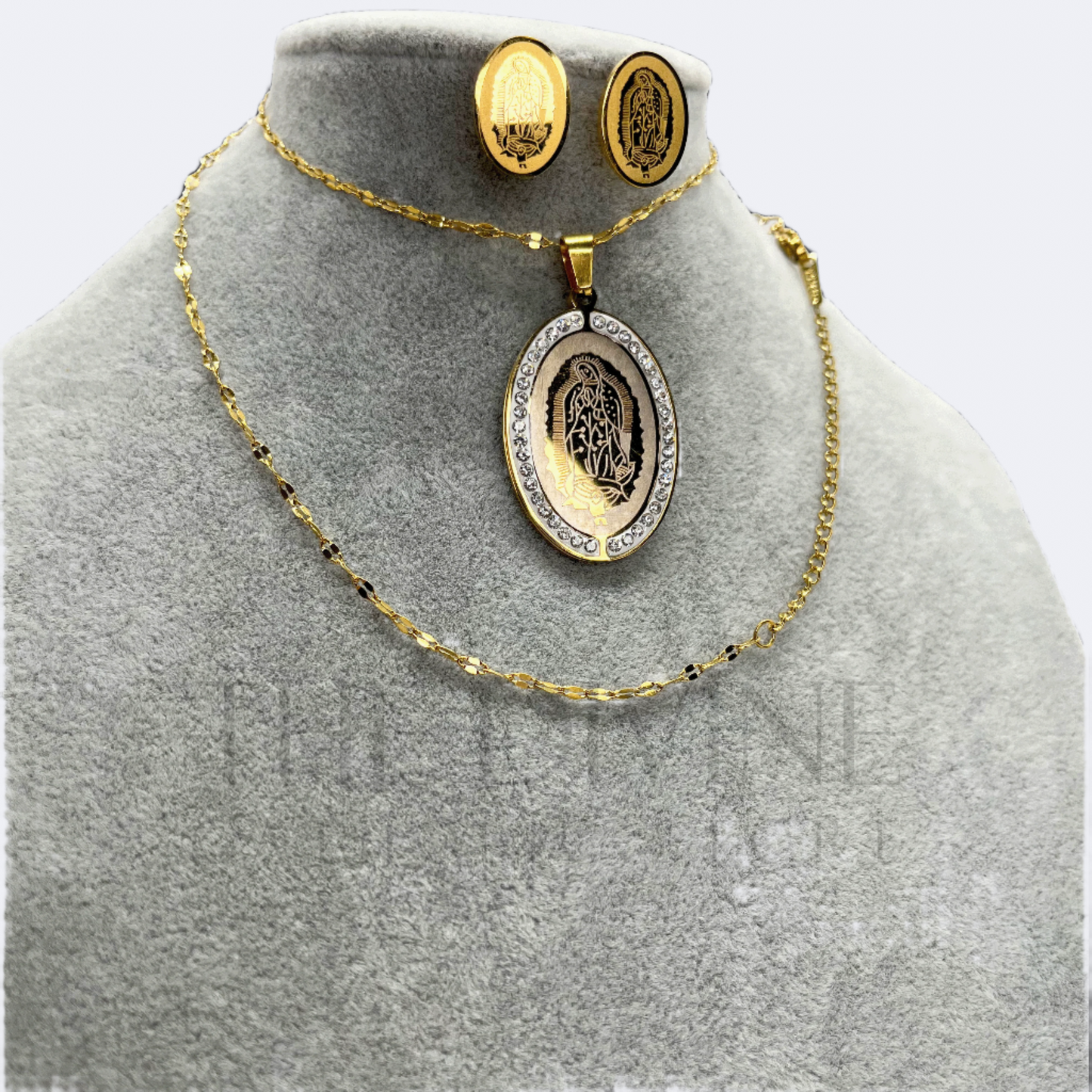 Our Lady of Guadalupe Necklace Set with stainless steel pendant and matching earrings, featuring intricate detailing of the Virgin of Guadalupe, perfect for daily wear.