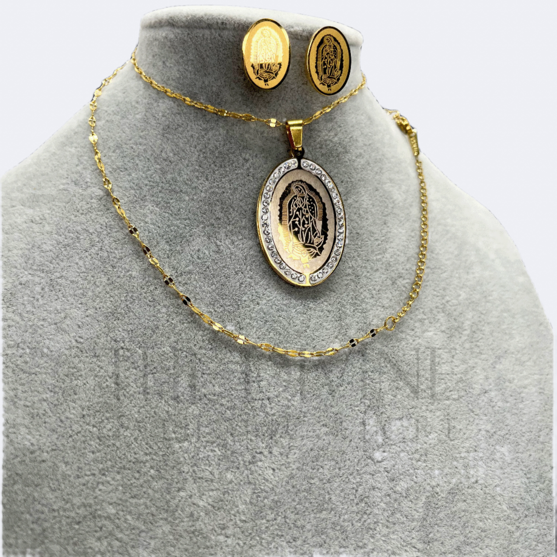 Our Lady of Guadalupe Necklace Set with stainless steel pendant and matching earrings, featuring intricate detailing of the Virgin of Guadalupe, perfect for daily wear.