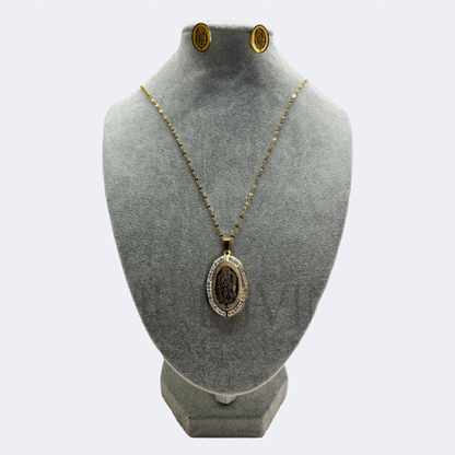 Our Lady of Guadalupe Necklace Set with stainless steel pendant and earrings, featuring a close-up view that highlights the intricate design and details of the Virgin of Guadalupe.