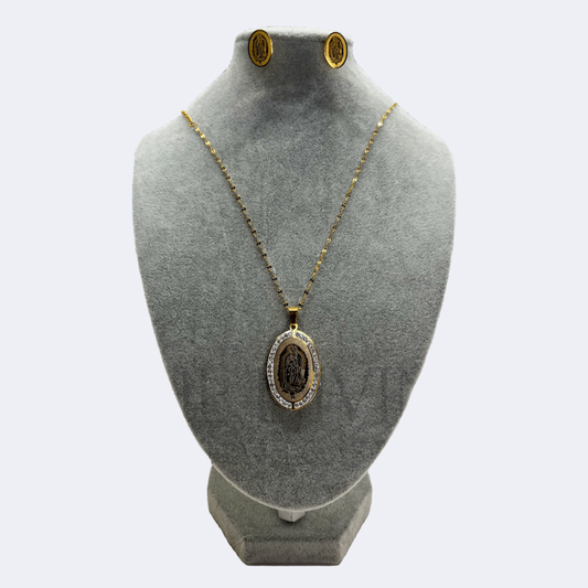 Our Lady of Guadalupe Necklace Set with stainless steel pendant and earrings, featuring a close-up view that highlights the intricate design and details of the Virgin of Guadalupe.