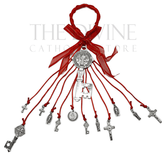Full view of a Red Saint Benedict Key Door Hanger featuring the Saint Benedict Medal, decorative keys, Catholic crosses, and religious charms, used for protection and blessings in the Catholic tradition