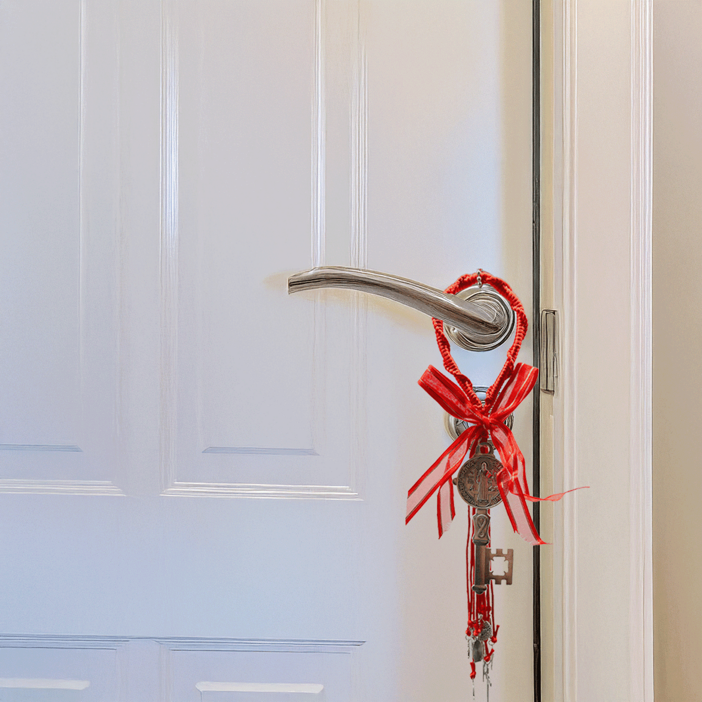 Red Saint Benedict Key Door Hanger displayed hanging on a door, showing the Saint Benedict Medal, crosses, and keys as a Catholic protection charm for home or entryway.