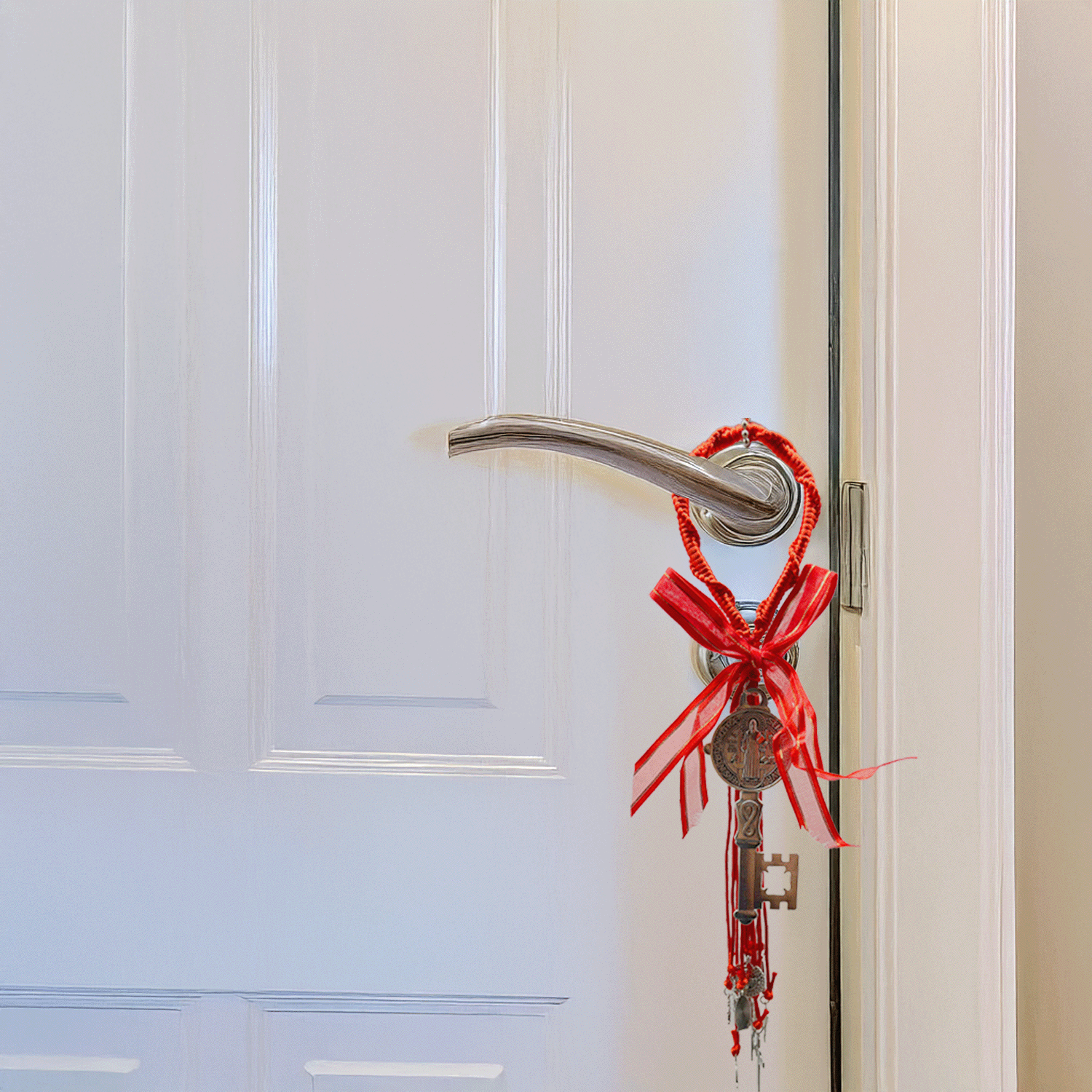 Red Saint Benedict Key Door Hanger displayed hanging on a door, showing the Saint Benedict Medal, crosses, and keys as a Catholic protection charm for home or entryway.