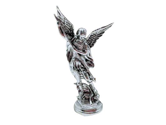Front view of small silver Saint Michael Figurine on white background 