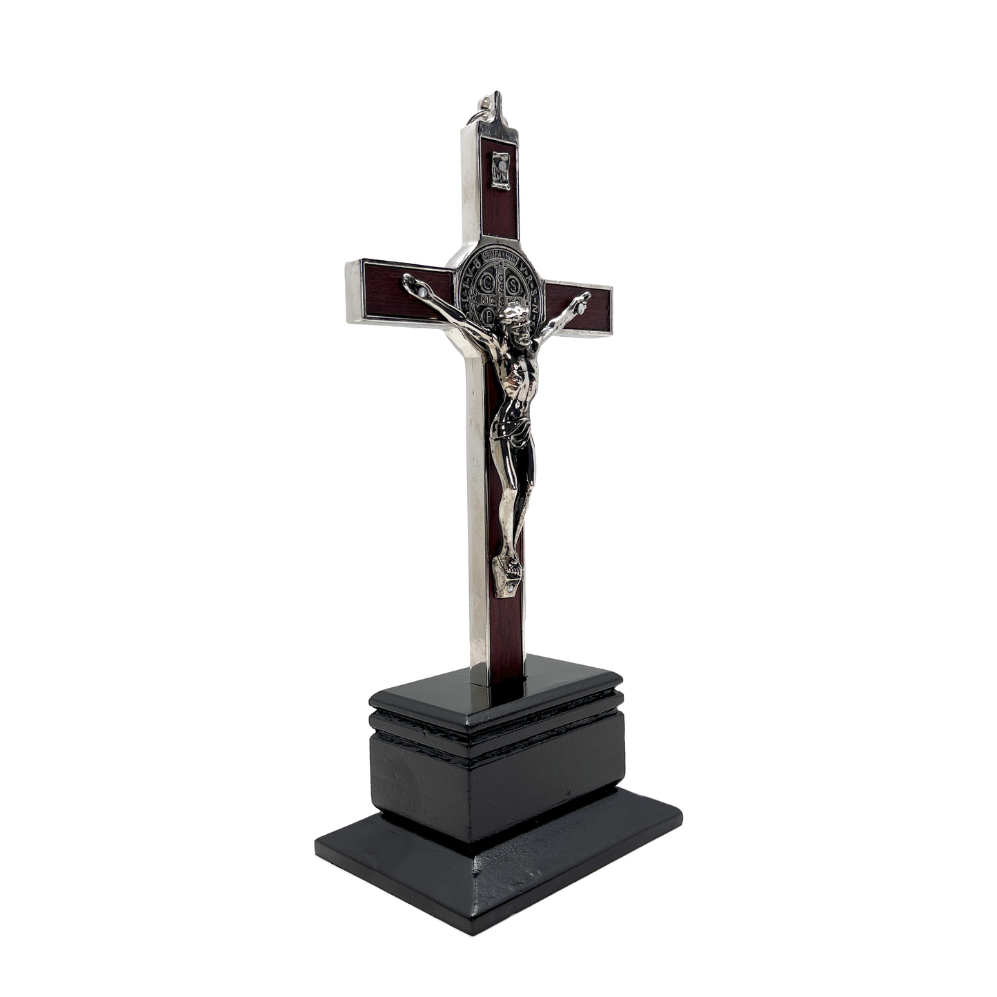 Medalla de San Benito Crucifijo de madera veteada con base