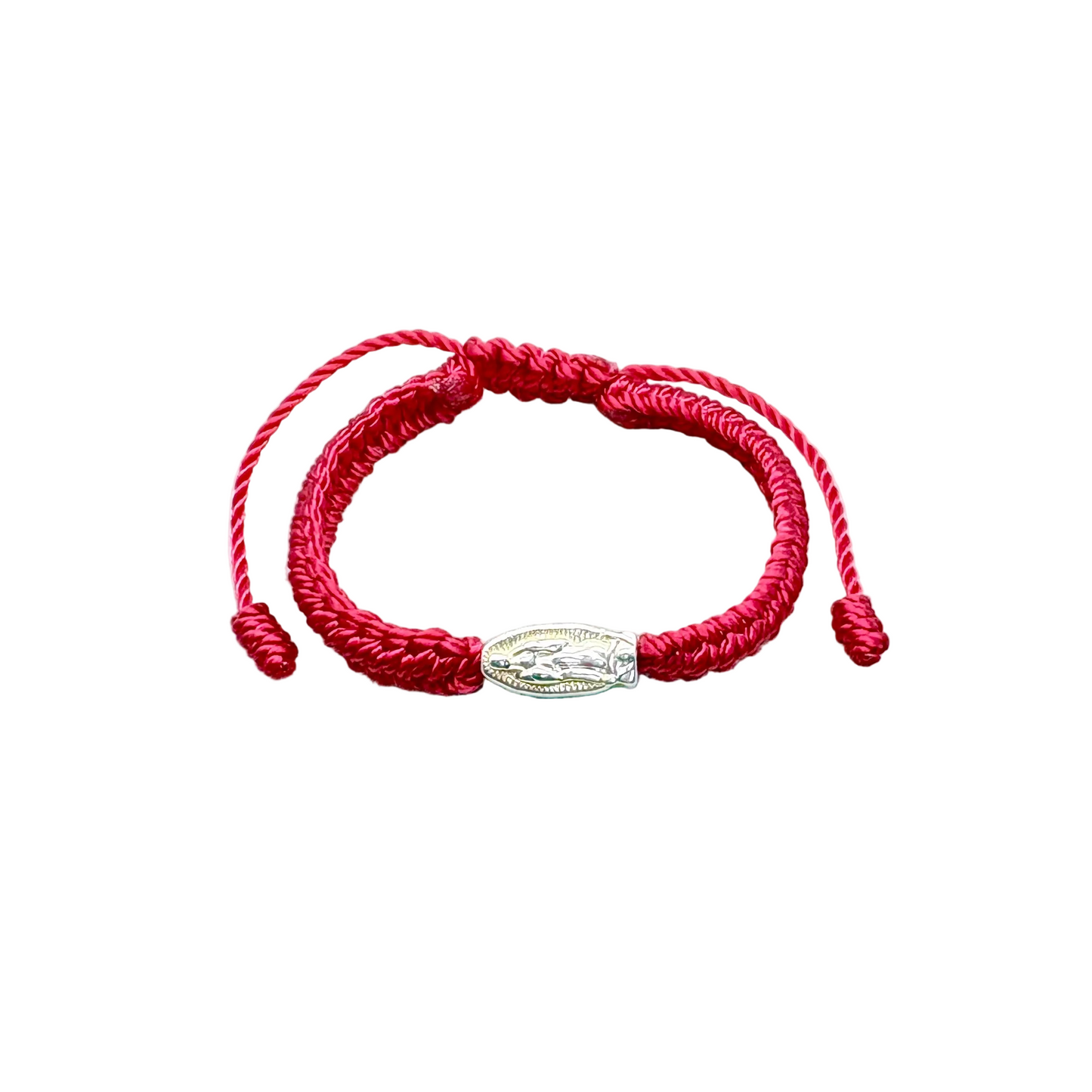 Red adjustable baby bracelet with Our Lady of Guadalupe medal, Catholic infant jewelry front view on white background