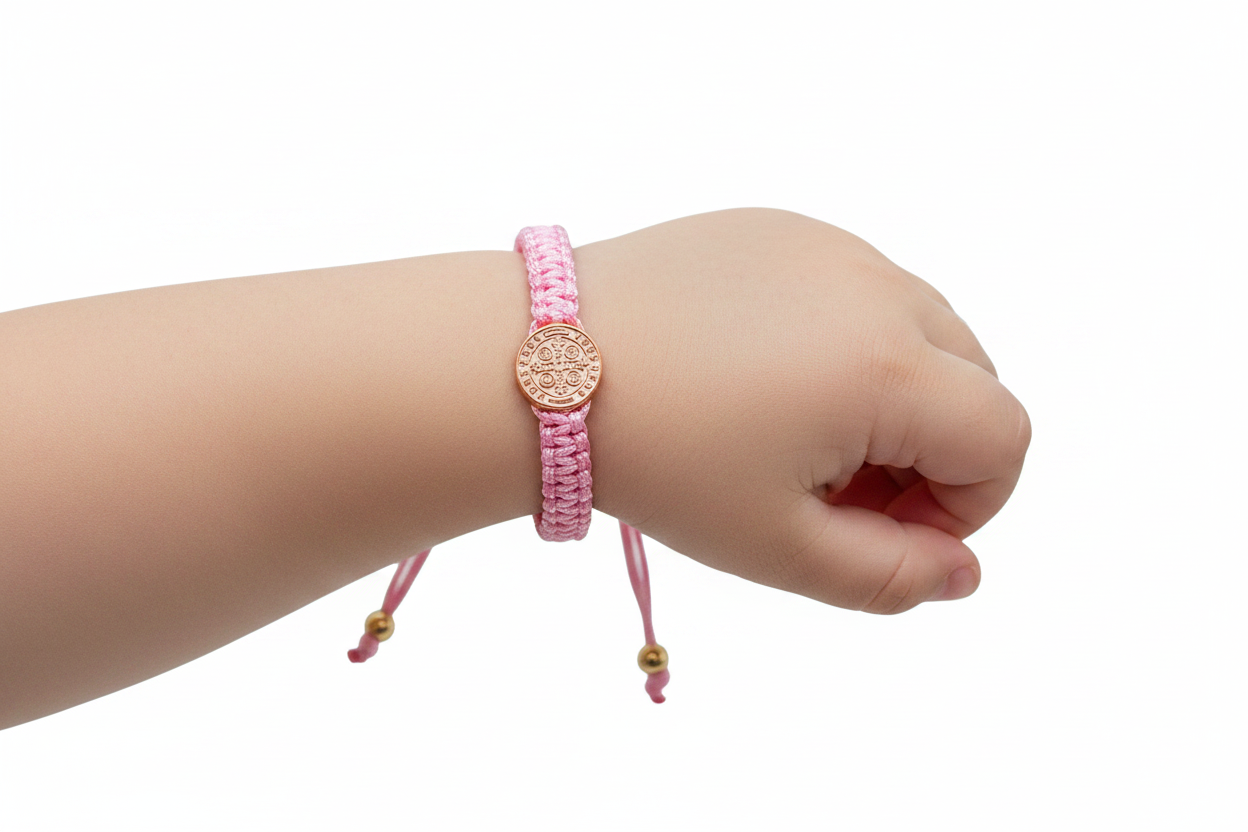 Infant wearing pink St Benedict bracelet adjustable Catholic baby jewelry on wrist
