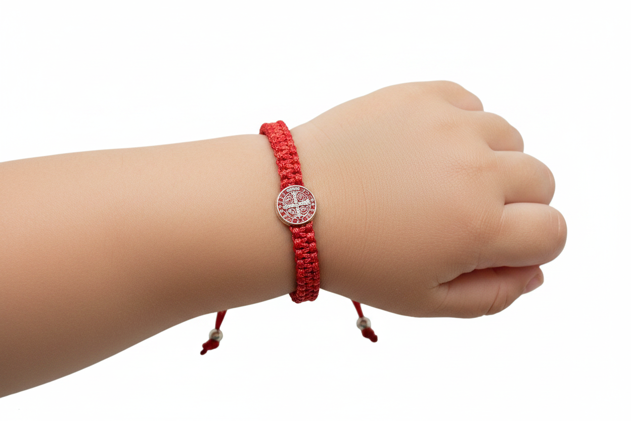 Infant wearing red St Benedict bracelet adjustable Catholic baby jewelry on wrist
