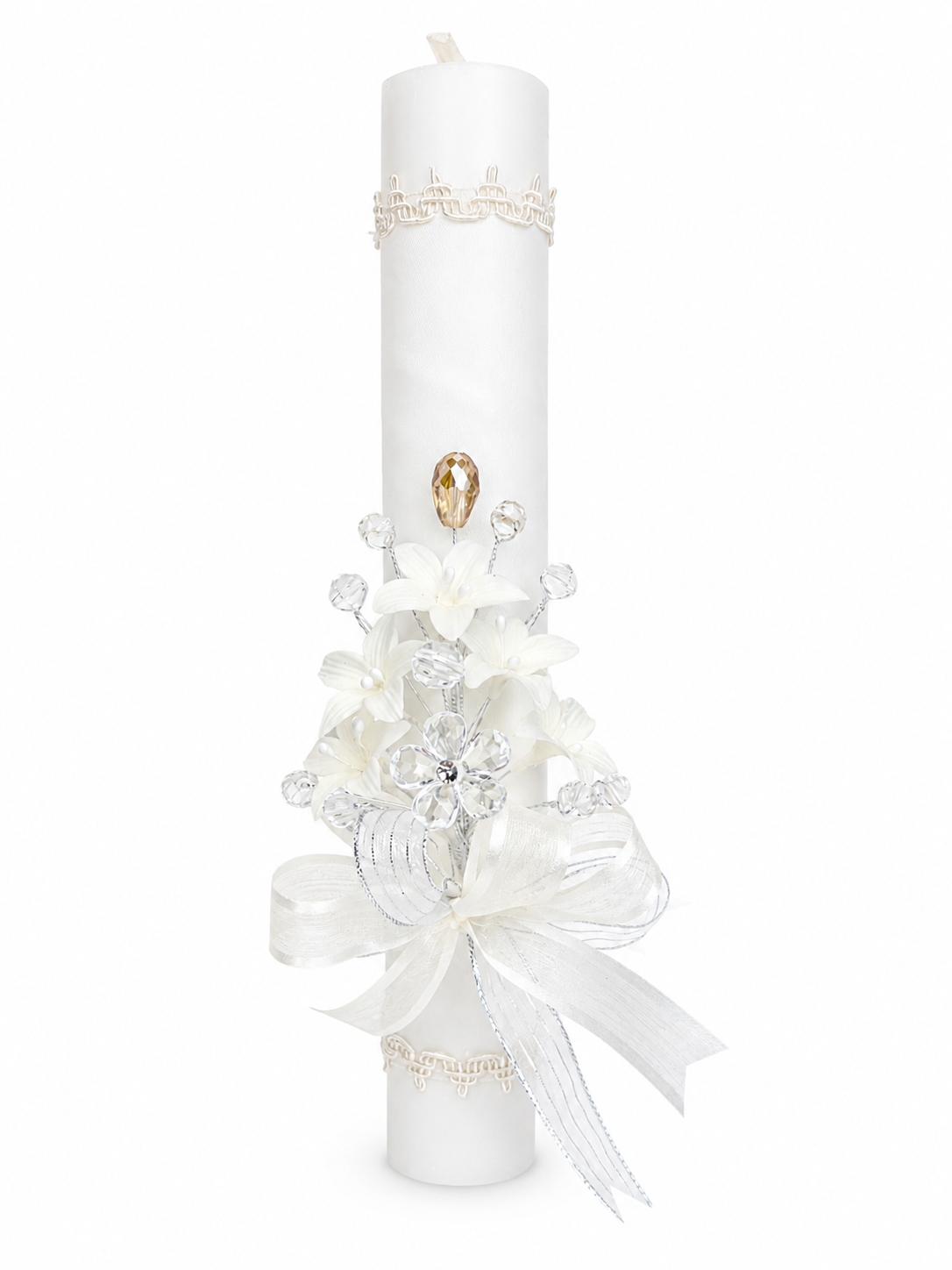 Front view of ivory baptism candle with crystal floral spray gold teardrop accent ivory lace trim and organza bow