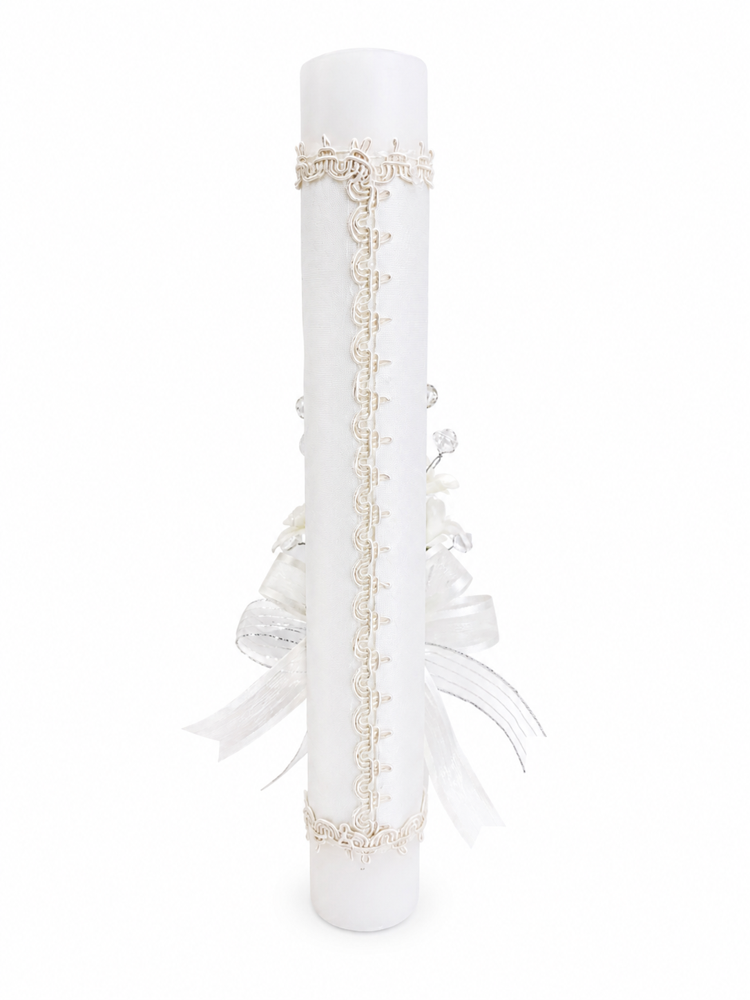 Back view of ivory baptism candle showing ivory lace trim wrap and crystal floral detail