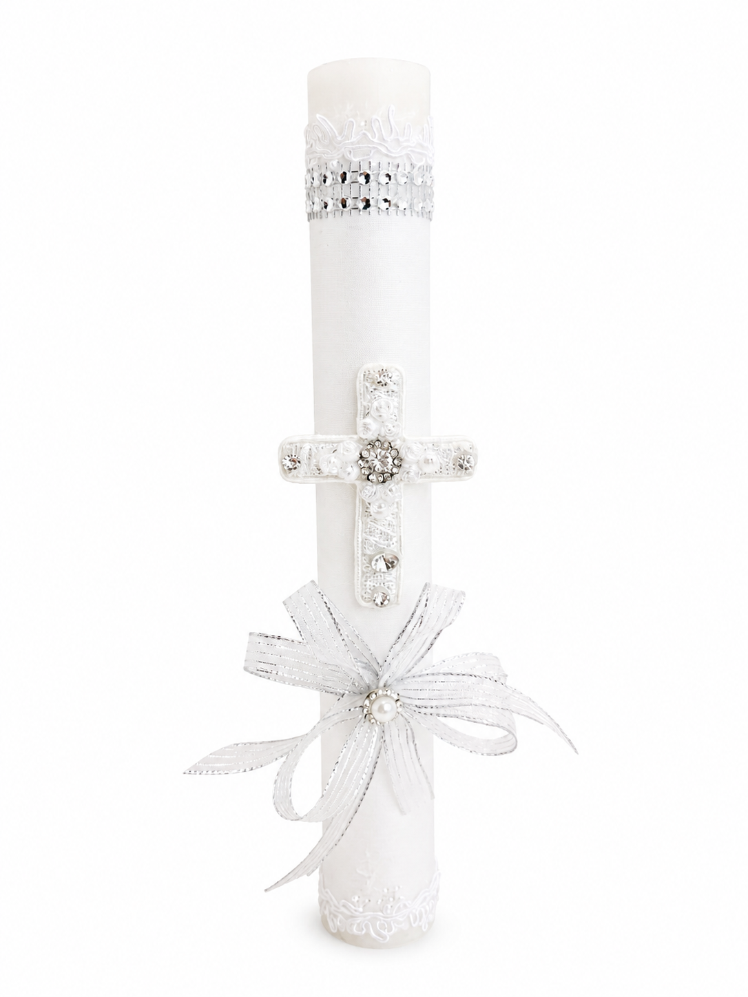 Front view of white baptism candle 10 inch with rhinestone band lace rose cross and silver organza bow pearl center