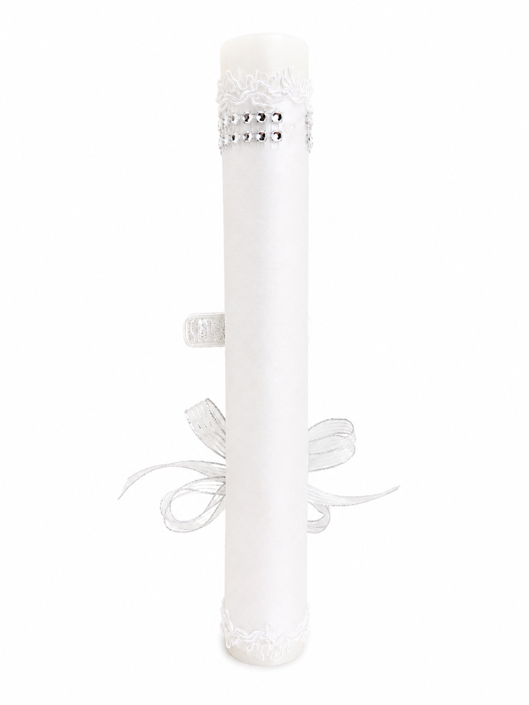 Back view of white baptism candle with rhinestone band trim and silver organza bow accent