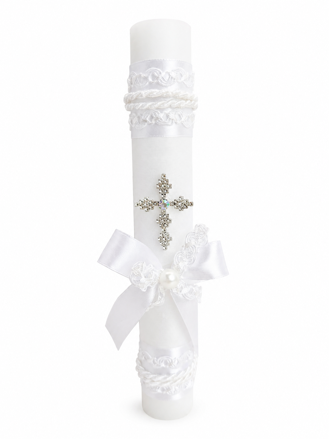 Front view of white baptism candle 10 inch with rhinestone cross brooch aurora borealis crystal center pearl satin bow and rope trim
