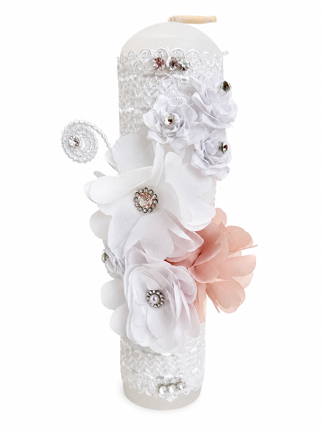 Front view of handmade baptism candle with white and blush layered chiffon flowers