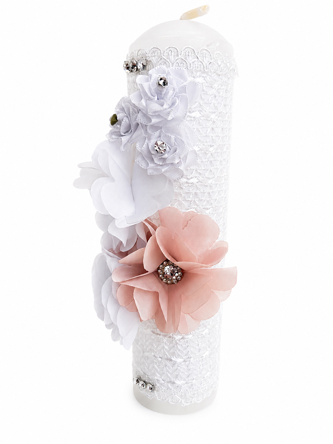 Baptism pillar candle 7 inch white lace wrap with layered white and blush chiffon flowers pearl and rhinestone centers side view