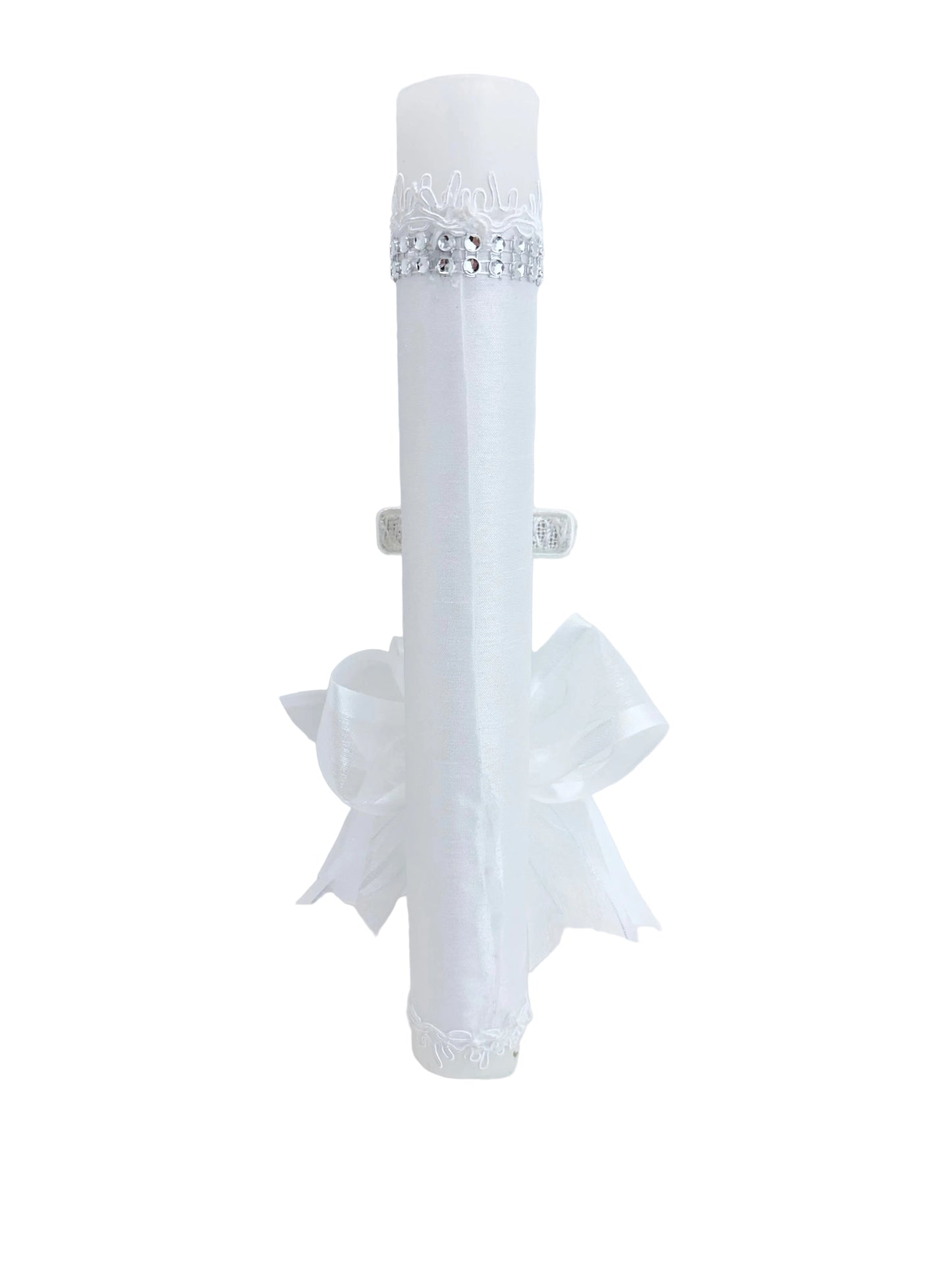 Back view of white baptism candle with rhinestone trim band and organza bow