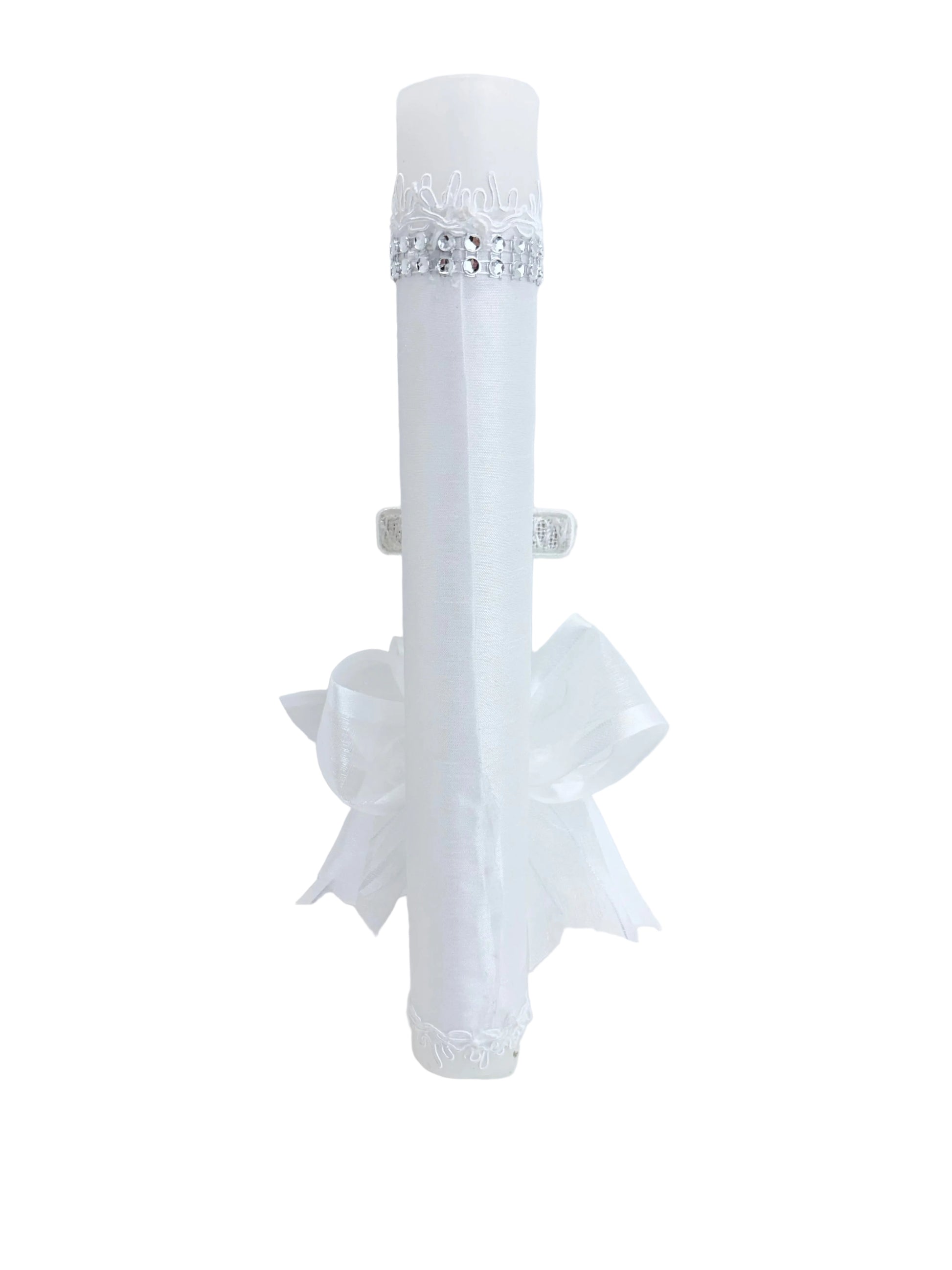Back view of white baptism candle with rhinestone trim band and organza bow