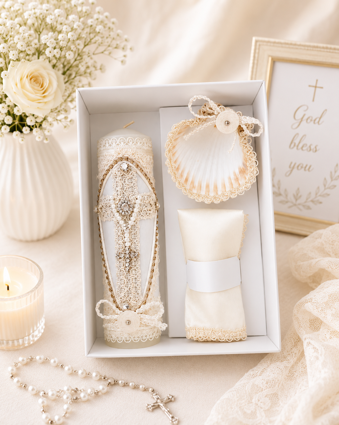 Ivory baptism cross candle set gift box with pearl rosary and god bless you card elegant christening gift