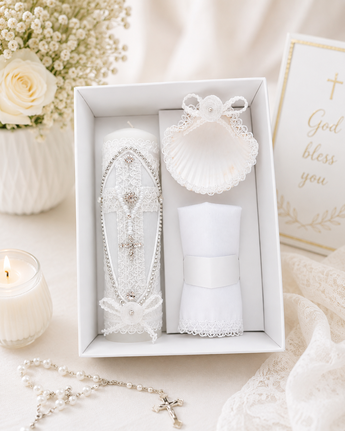 White baptism cross candle set gift box with pearl rosary and god bless you card christening gift