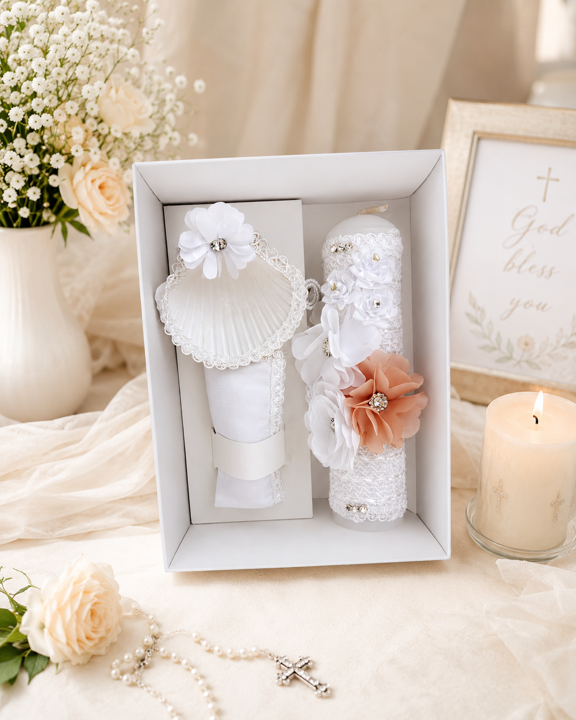 Handcrafted baptism candle set gift box with white and blush chiffon flowers lace and rhinestones christening gift