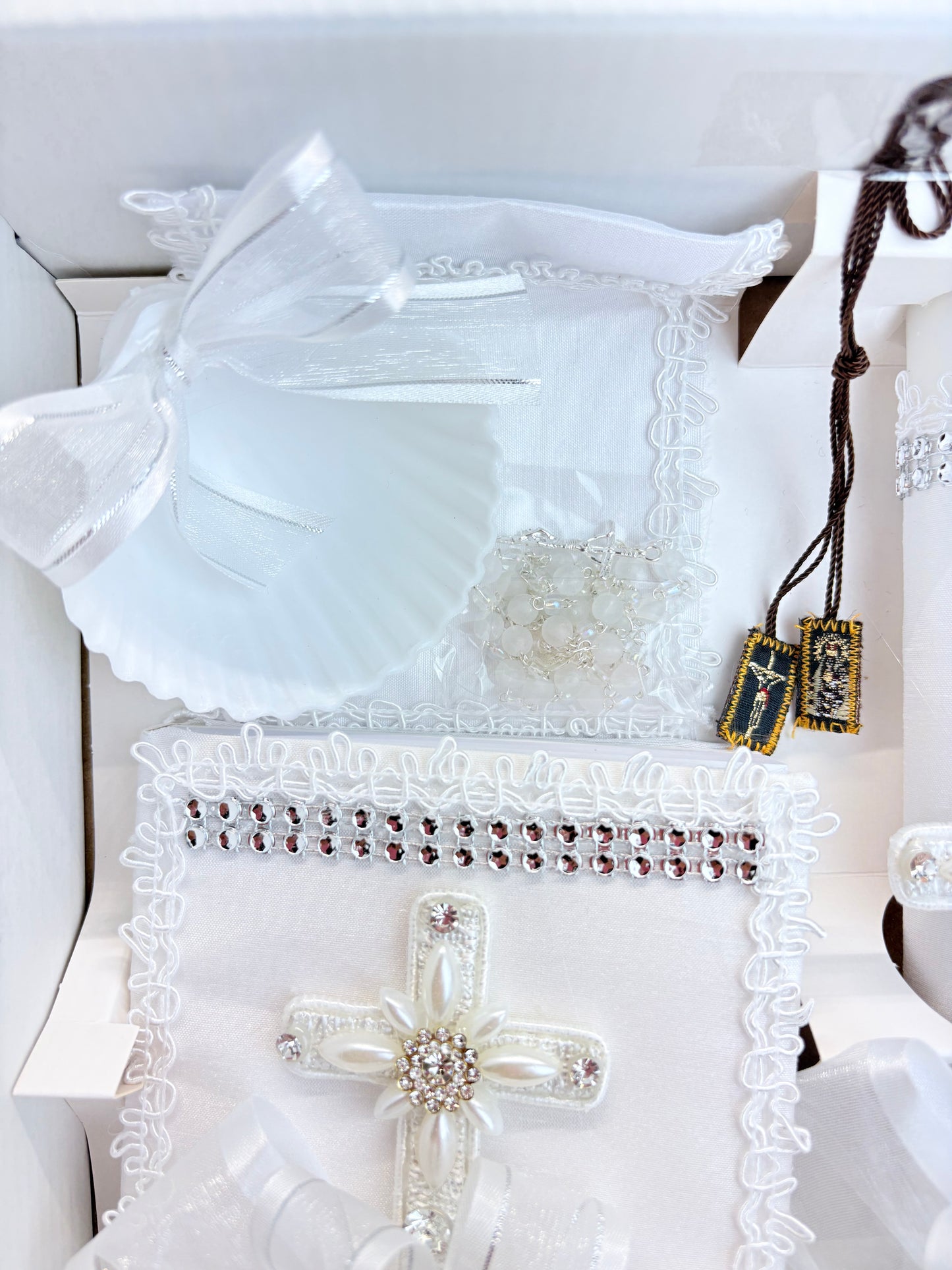 Baptism shell with silver rope accent white beaded rosary and jesus on the cross our lady mt carmel brown scapular