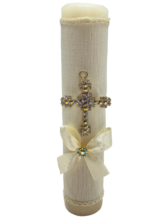 Beige baptism candle with rhinestone cross and ribbon bow