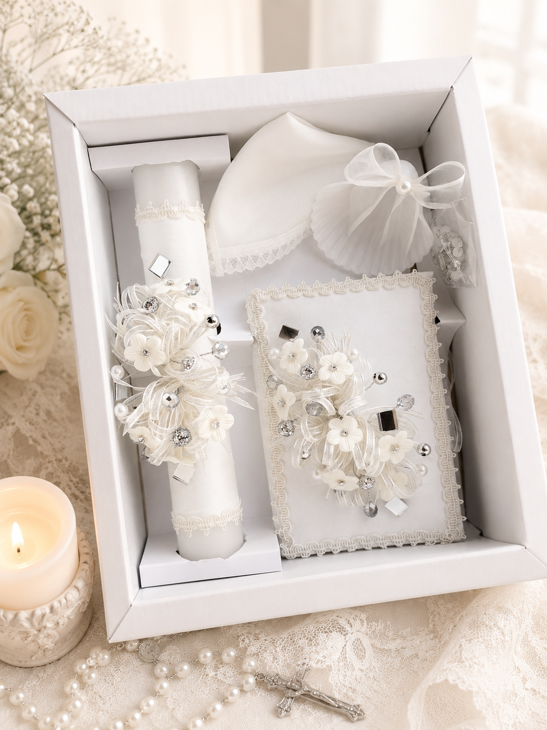 Elegant Catholic 5-piece baptism gift set displayed in a keepsake box with candle, prayer book, shell, towel, and rosary.