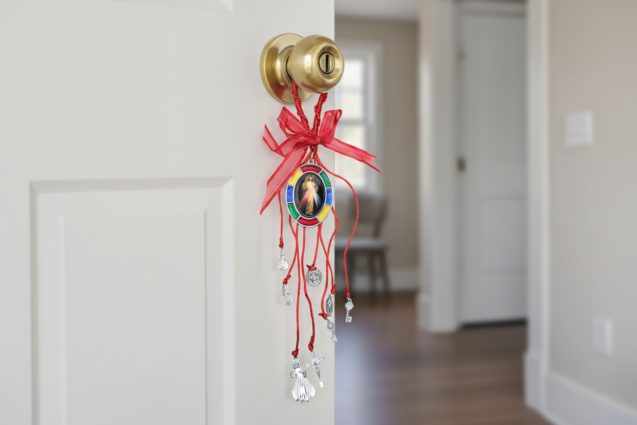 Red nylon Divine Mercy hanger with silver religious charms and ribbon bow