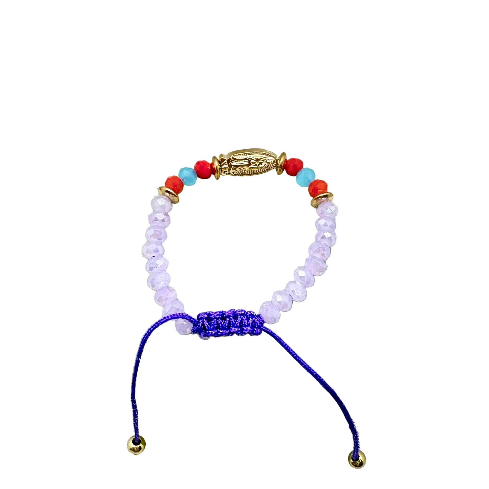 Colorful beaded baby bracelet with Guadalupe charm and adjustable cord flat lay front view
