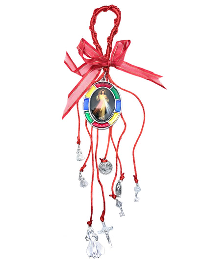 Divine Mercy door hanger with red nylon cord and Catholic charms including crucifix and St Benedict medal