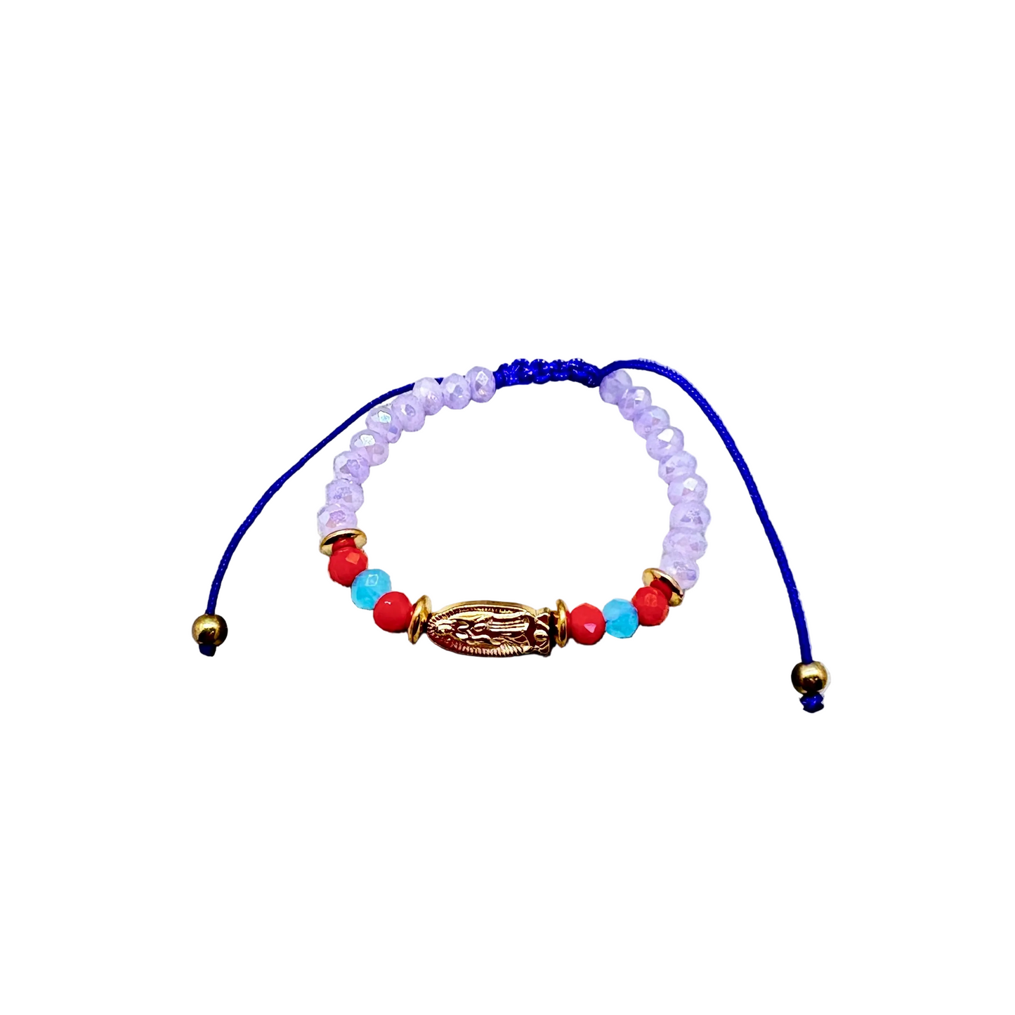 Beaded baby bracelet with Our Lady of Guadalupe medal purple beads and adjustable cord front view