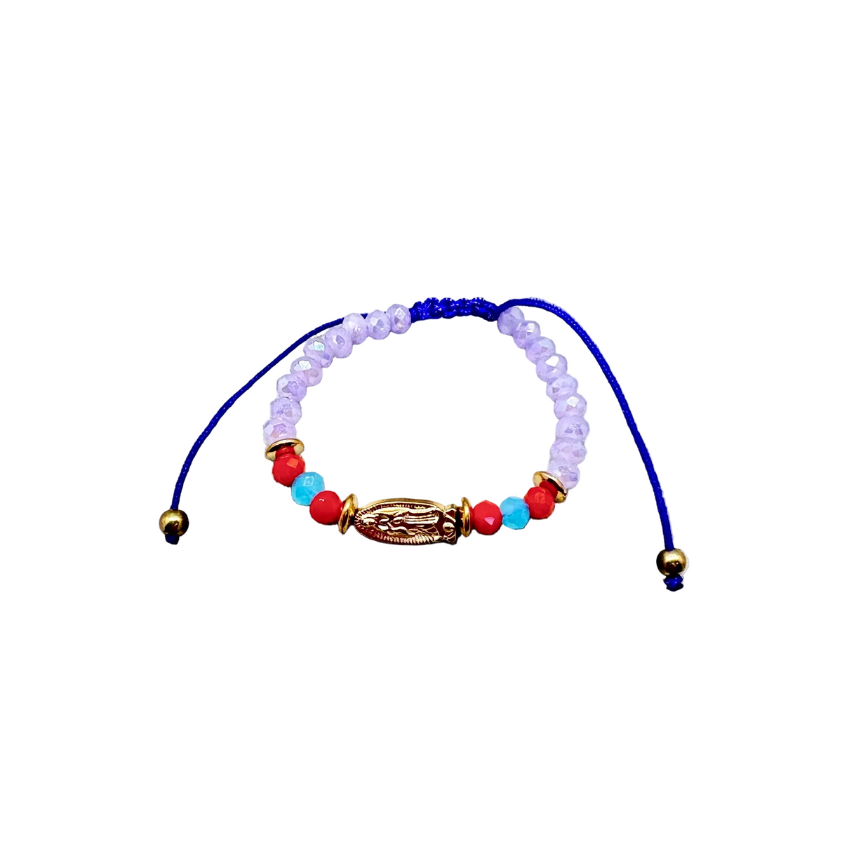 Beaded baby bracelet with Our Lady of Guadalupe medal purple beads and adjustable cord front view