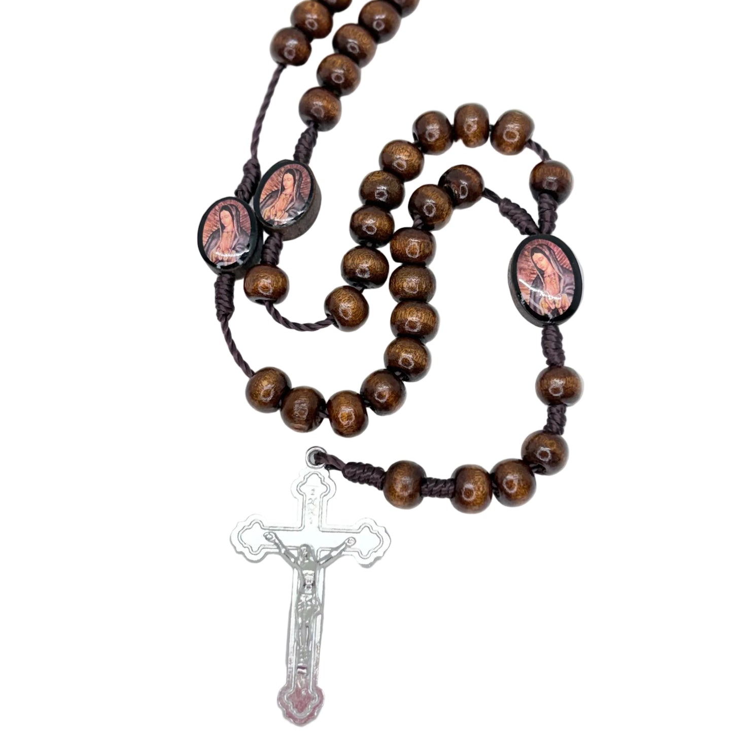 brown wooden beads and nylon cord, featuring a wooden centerpiece with close-up Guadalupe image and silver crucifix
