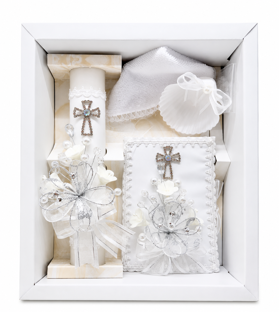 Ivory 5-piece Catholic baptism candle set with decorated baptism candle, matching prayer book, baptism shell, white towel, and rosary presented in a keepsake gift box.