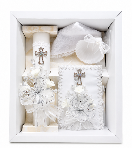 Ivory 5-piece Catholic baptism candle set with decorated baptism candle, matching prayer book, baptism shell, white towel, and rosary presented in a keepsake gift box.