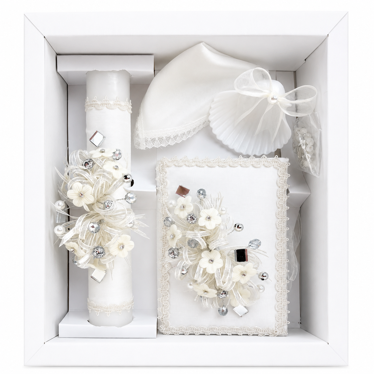 Ivory 5-piece Catholic baptism candle set with decorated baptism candle, matching prayer book, baptism shell, white towel, and rosary in a keepsake gift box.