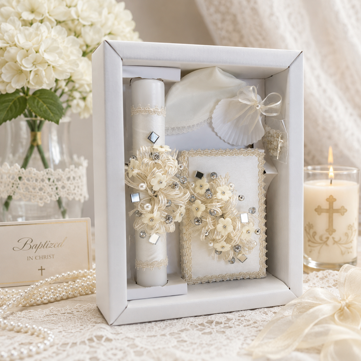Ivory 5 piece Catholic baptism candle set style 56 displayed with white flowers and candle elegant christening gift