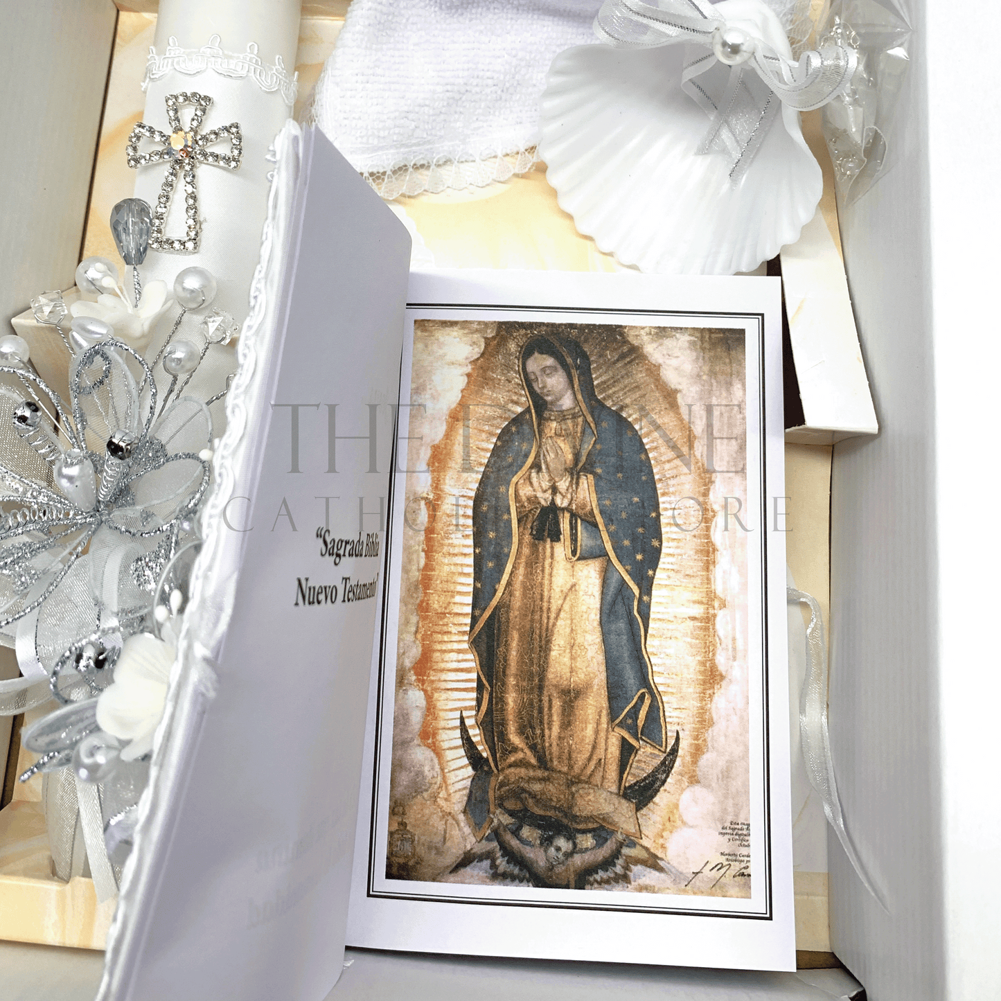 Crystal rosary with rhinestone cross from 5 piece ivory Catholic baptism candle set style 55
