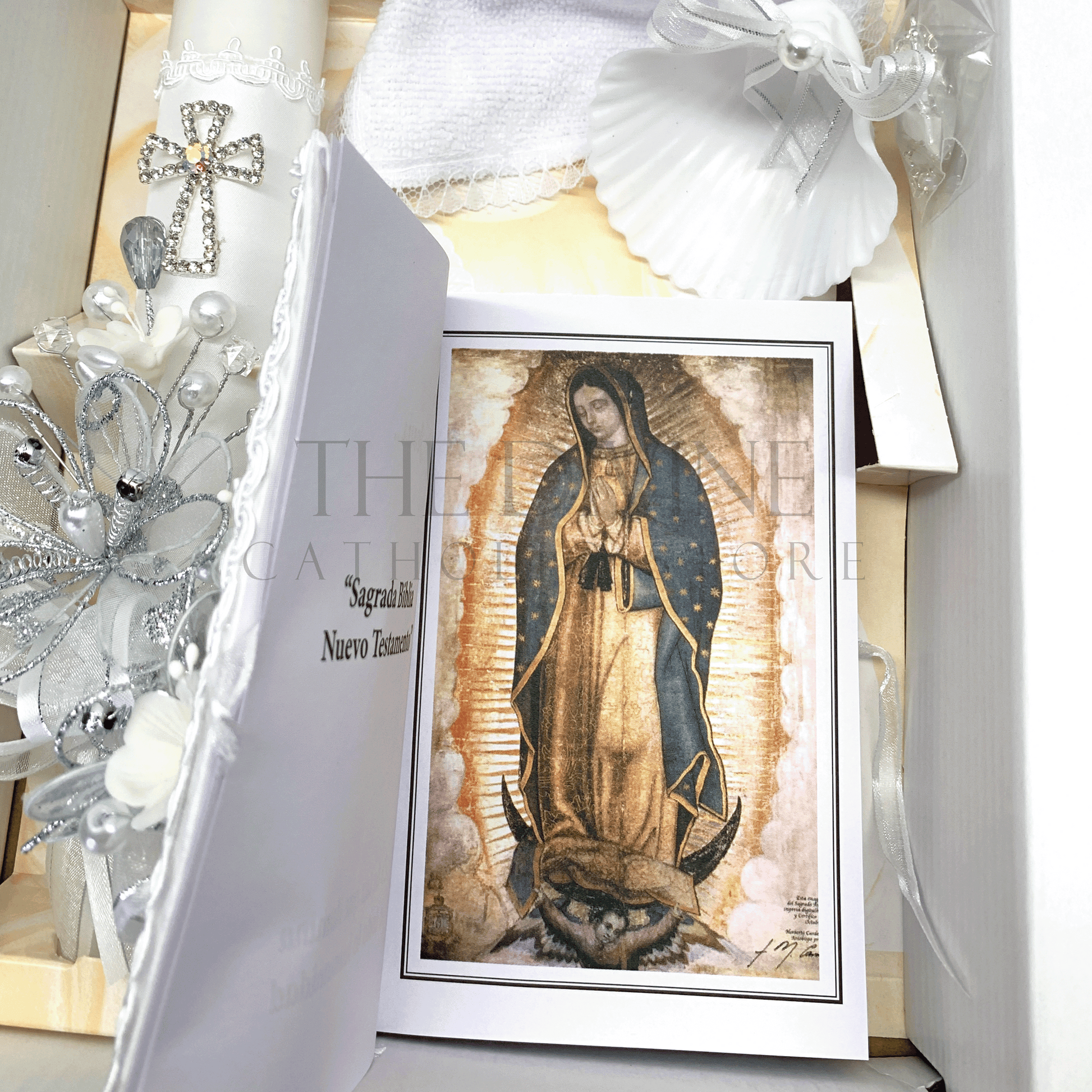 Crystal rosary with rhinestone cross from 5 piece ivory Catholic baptism candle set style 55