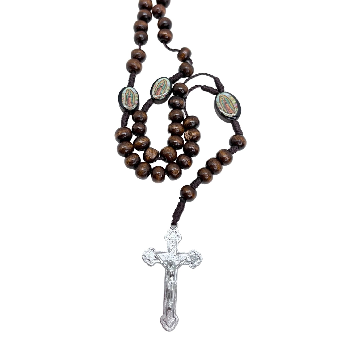 Our Lady of Guadalupe rosary with wooden beads and full image with roses