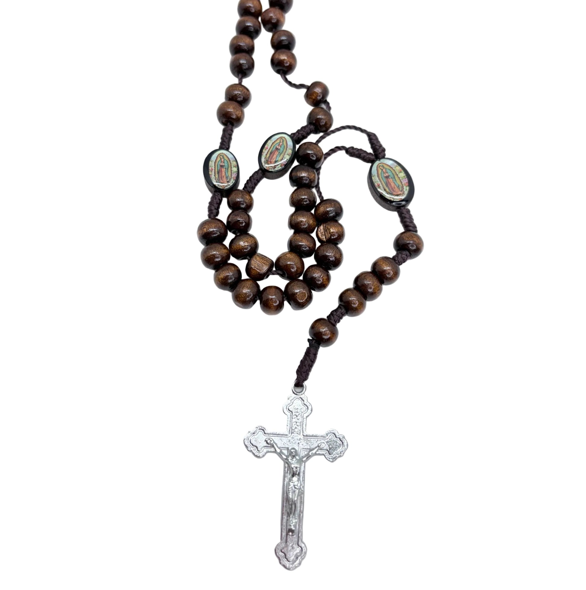 Our Lady of Guadalupe rosary with wooden beads and full image with roses
