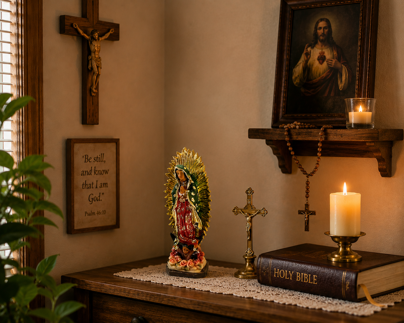 5 inch Our Lady of Guadalupe statue on Catholic home altar with candle cross and Holy Bible