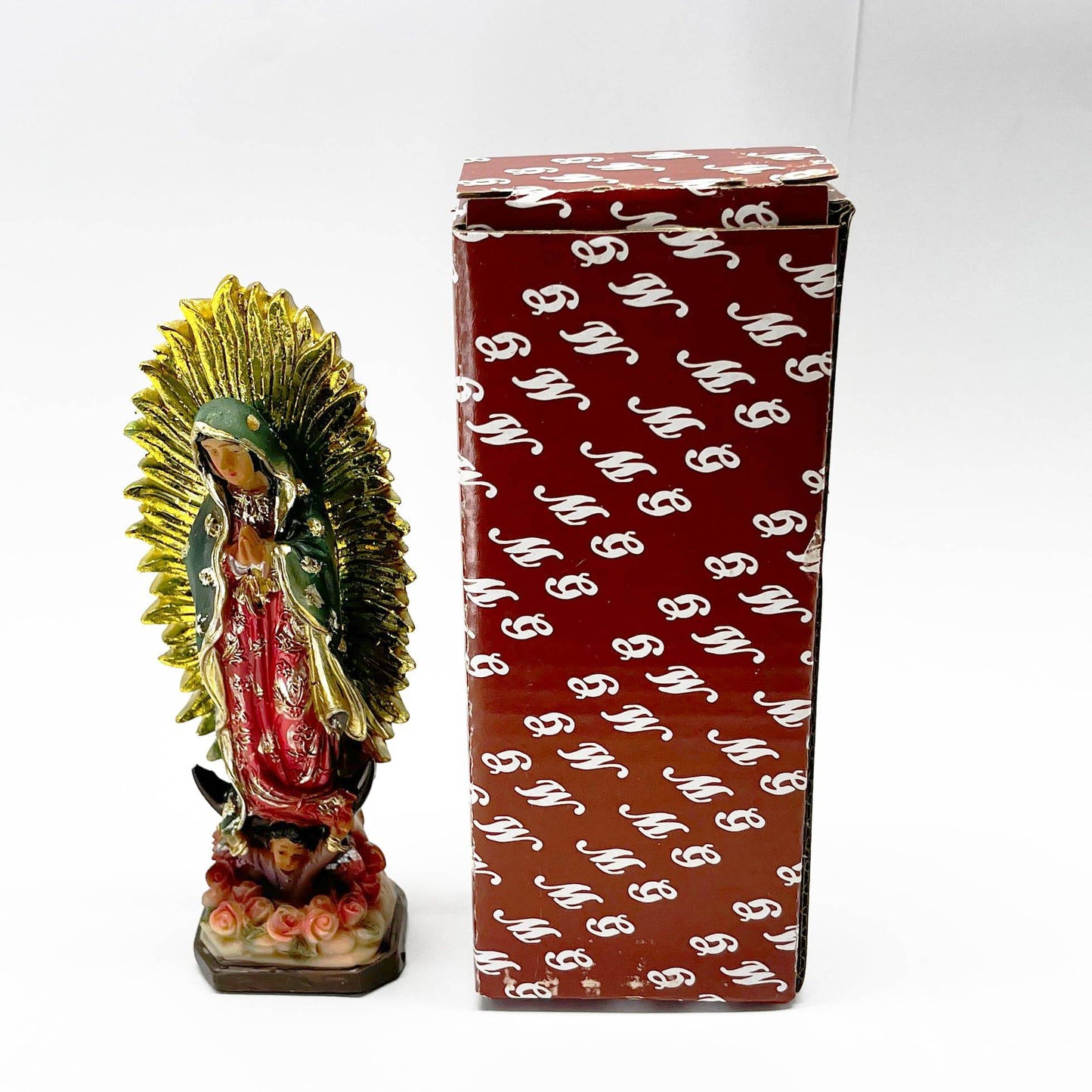 5 inch Our Lady of Guadalupe Catholic statue displayed next to decorative gift box