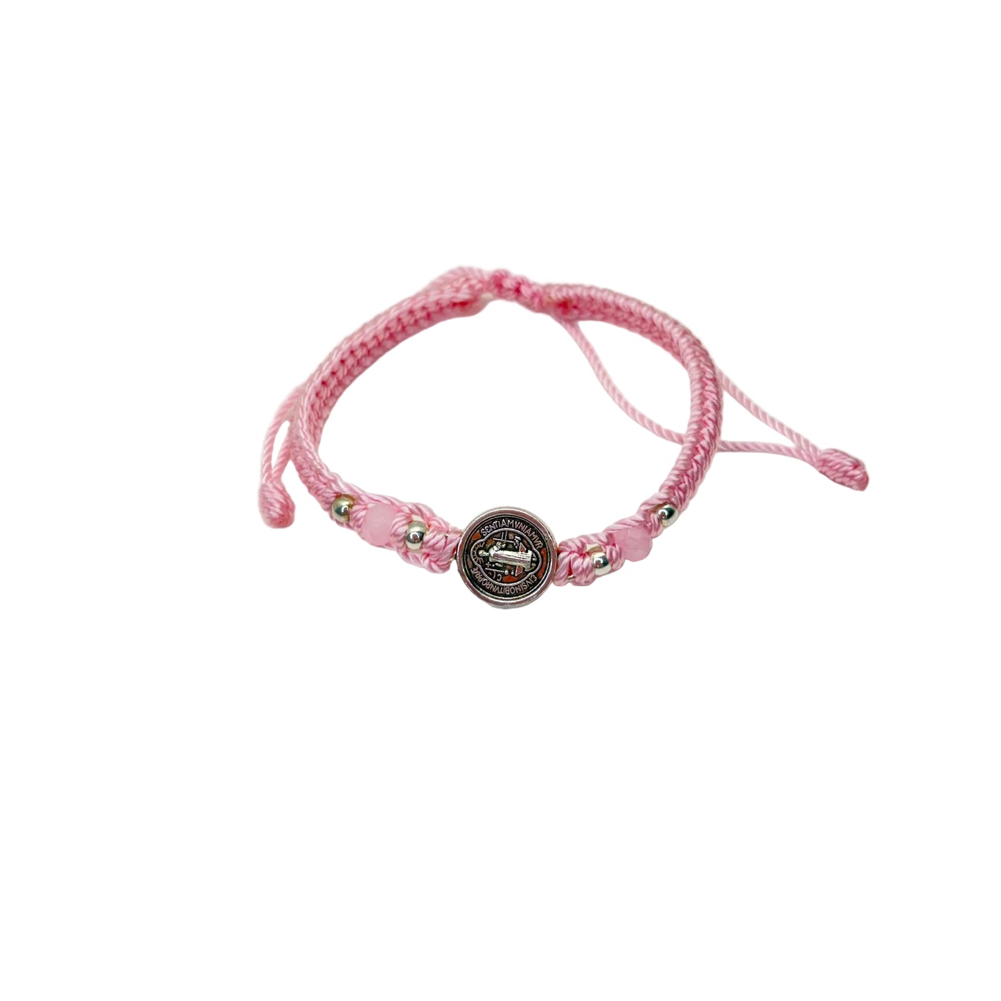 Pink St. Benedict bracelet with beads and adjustable cord, Catholic bracelet for women 
